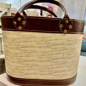 Large Decorative Basket in Cream Material & Brown Leather Handles and Trims